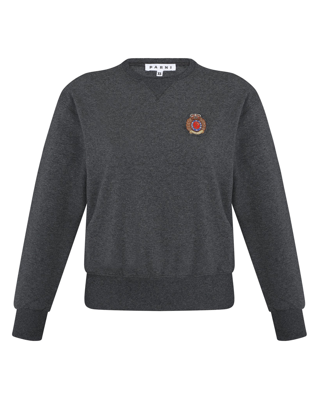 Dark gray sweater with a logo on the chest against a white background
