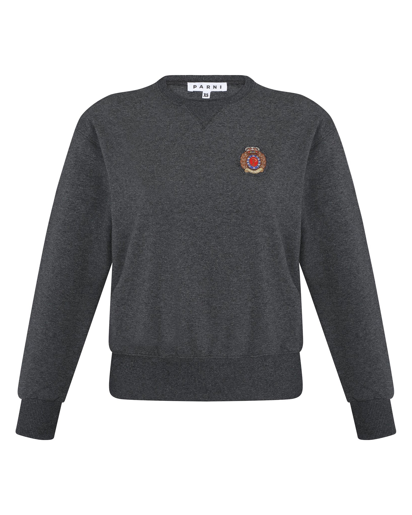 Dark gray sweater with a logo on the chest against a white background