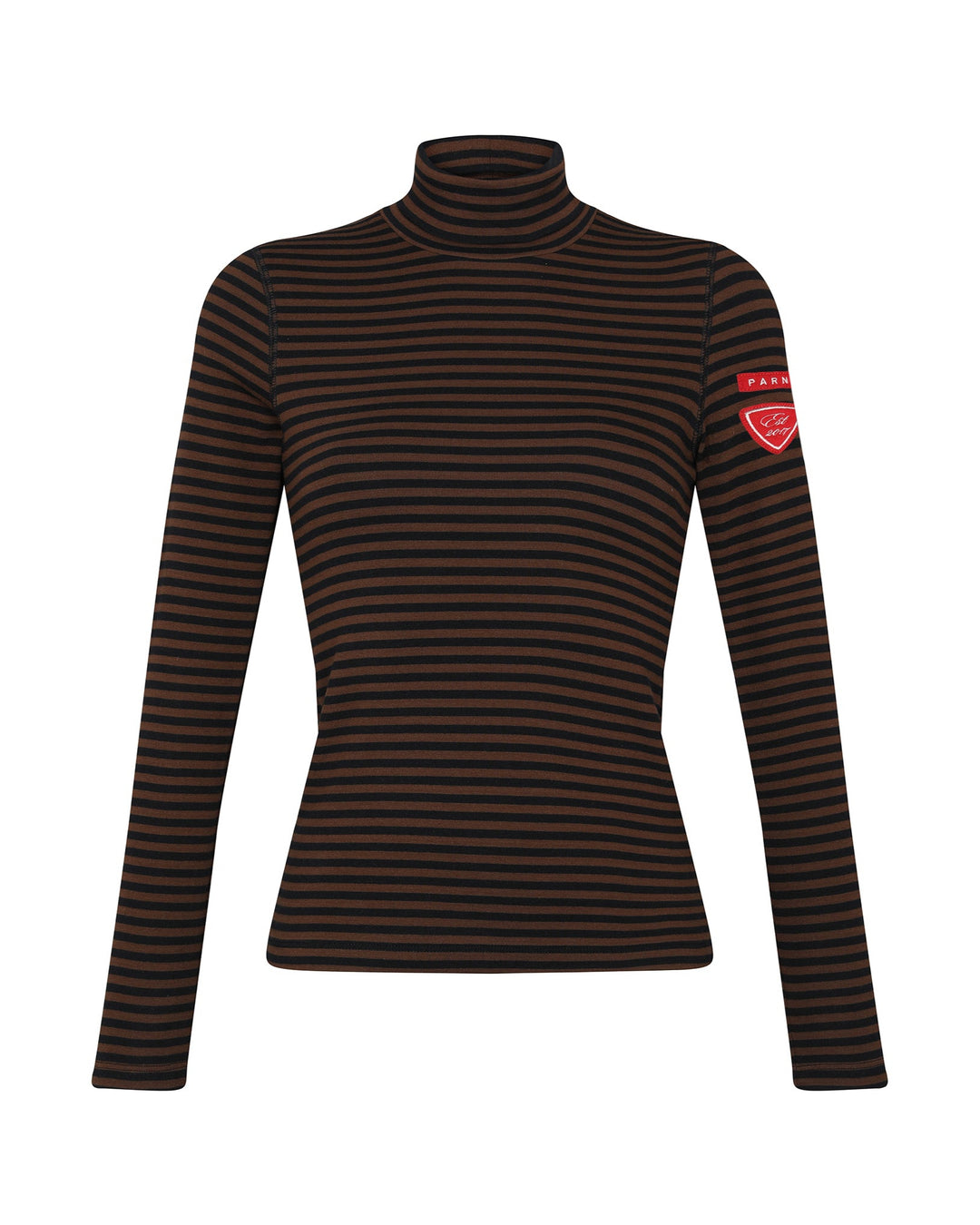 Black and red striped turtleneck shirt with a patch on a white background