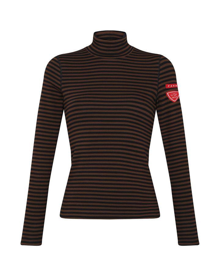 Black and red striped turtleneck shirt with a patch on a white background