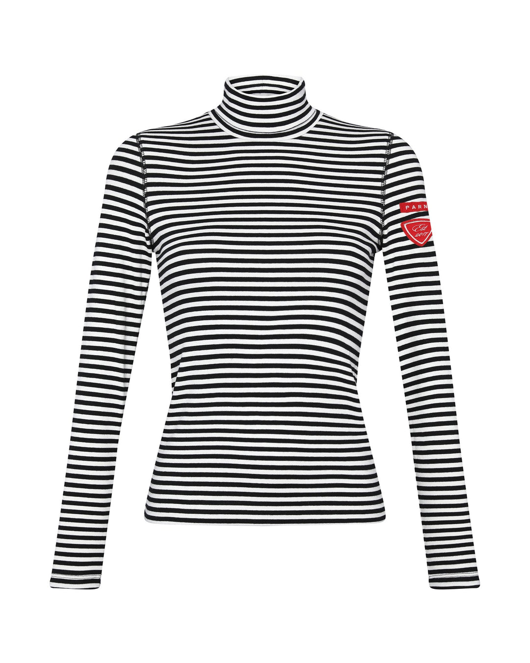 Black and white striped long-sleeve shirt with a red patch on a white background