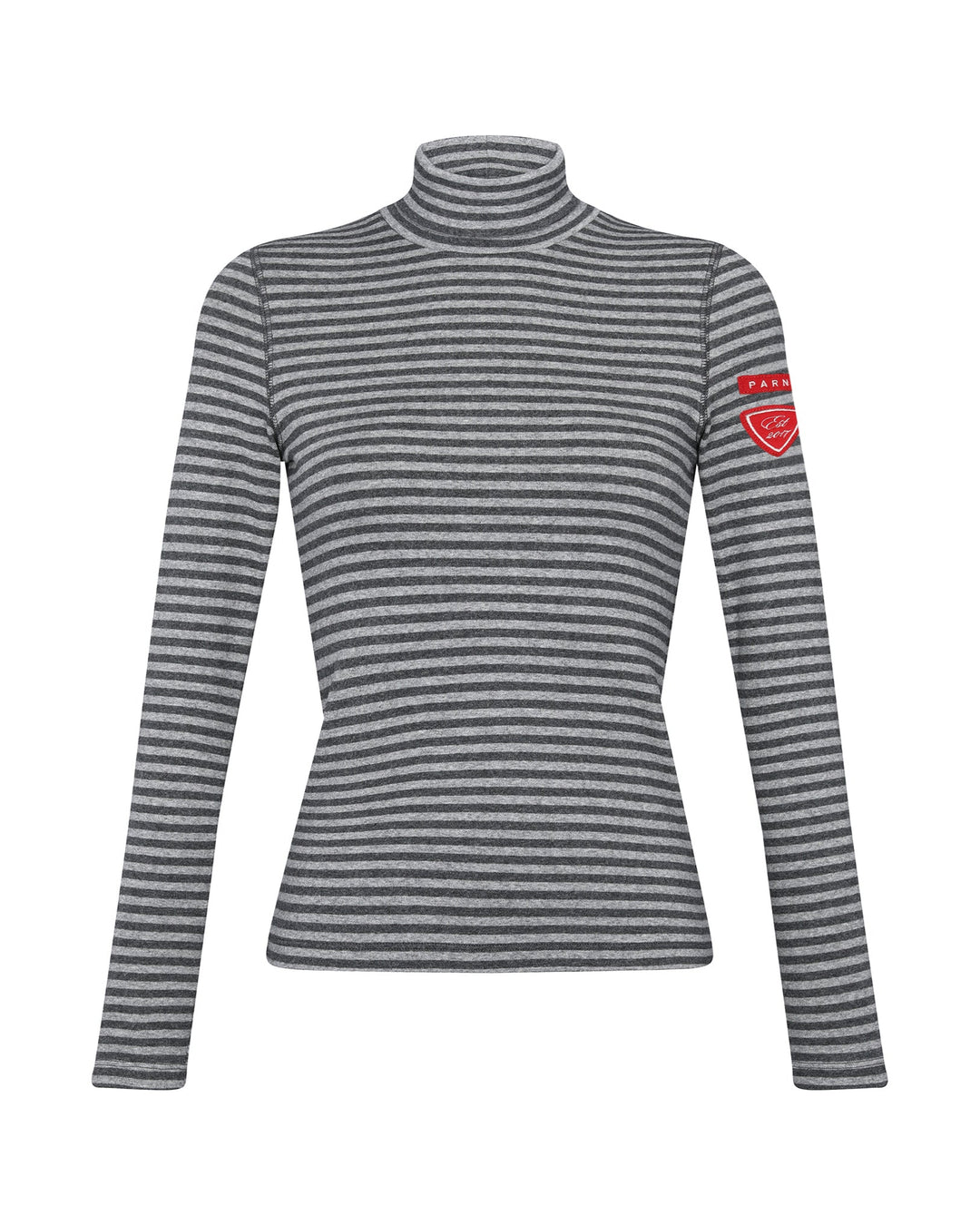 Gray and white striped turtleneck sweater with a red patch on a white background