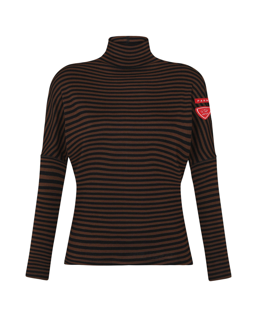 Black and brown striped turtleneck shirt with a red patch on a white background