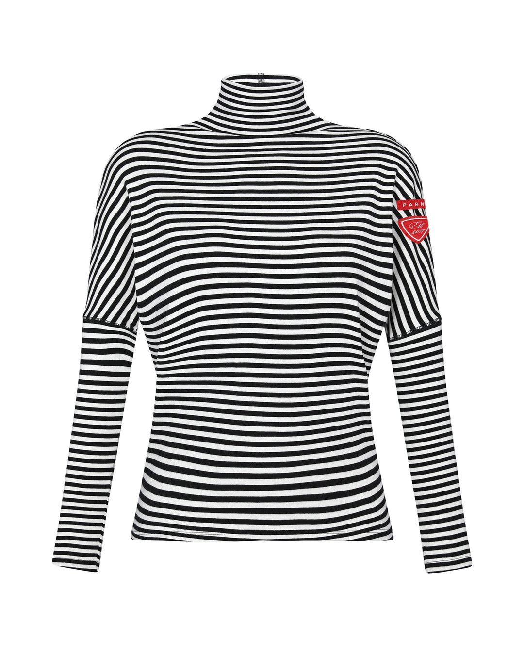 Black and white striped long-sleeve top with a red patch on a white background
