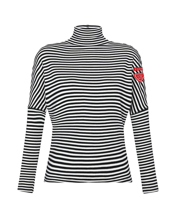 Black and white striped long-sleeve top with a red patch on a white background