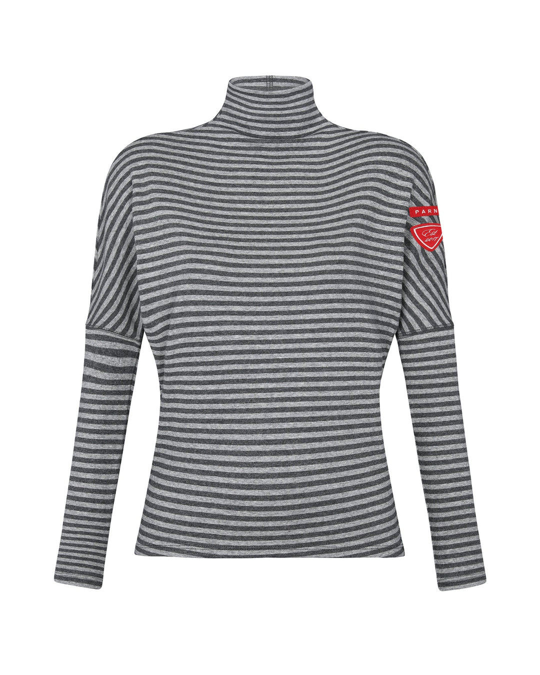 Gray and white striped long-sleeve shirt with a red logo on a white background