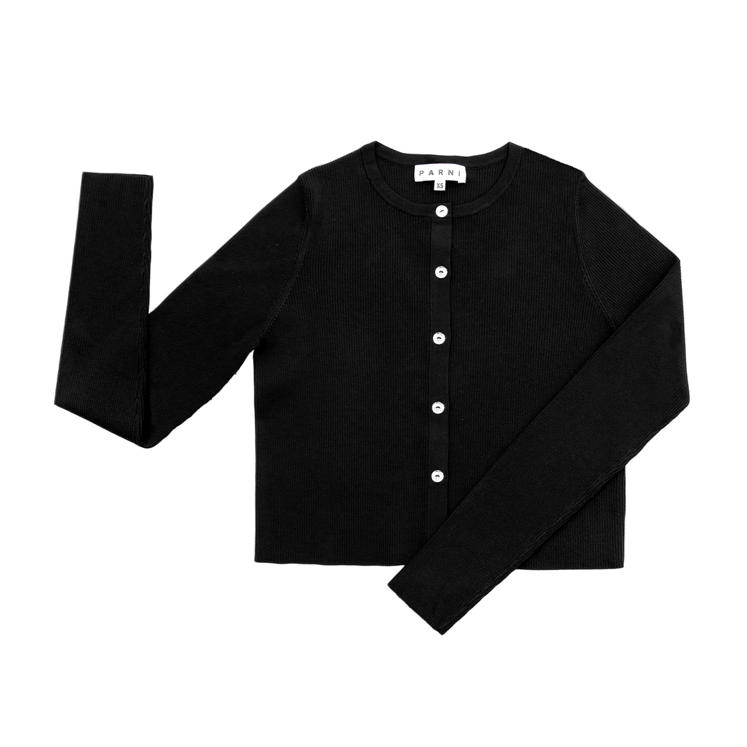 Black long-sleeve shirt with buttons on a white background