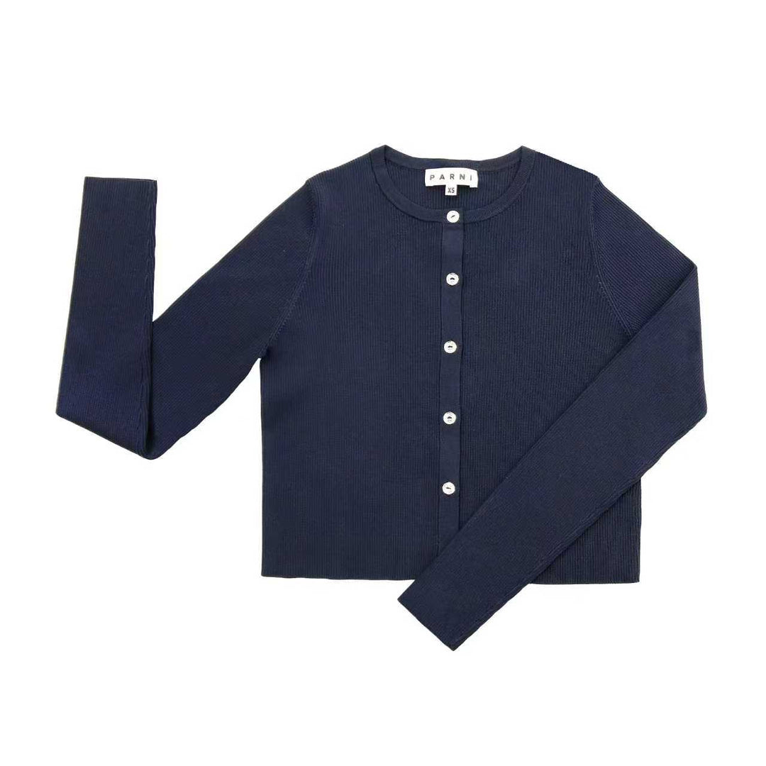 Navy blue long-sleeve shirt with buttons on a white background