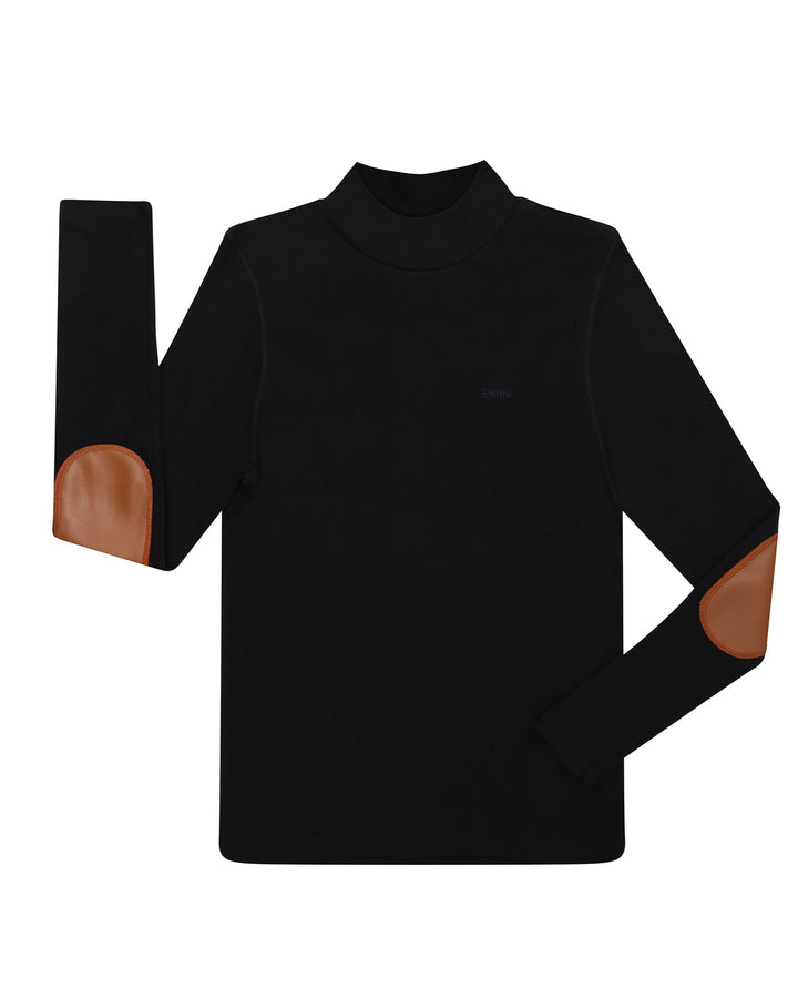 Black long-sleeve top with brown elbow patches on a white background