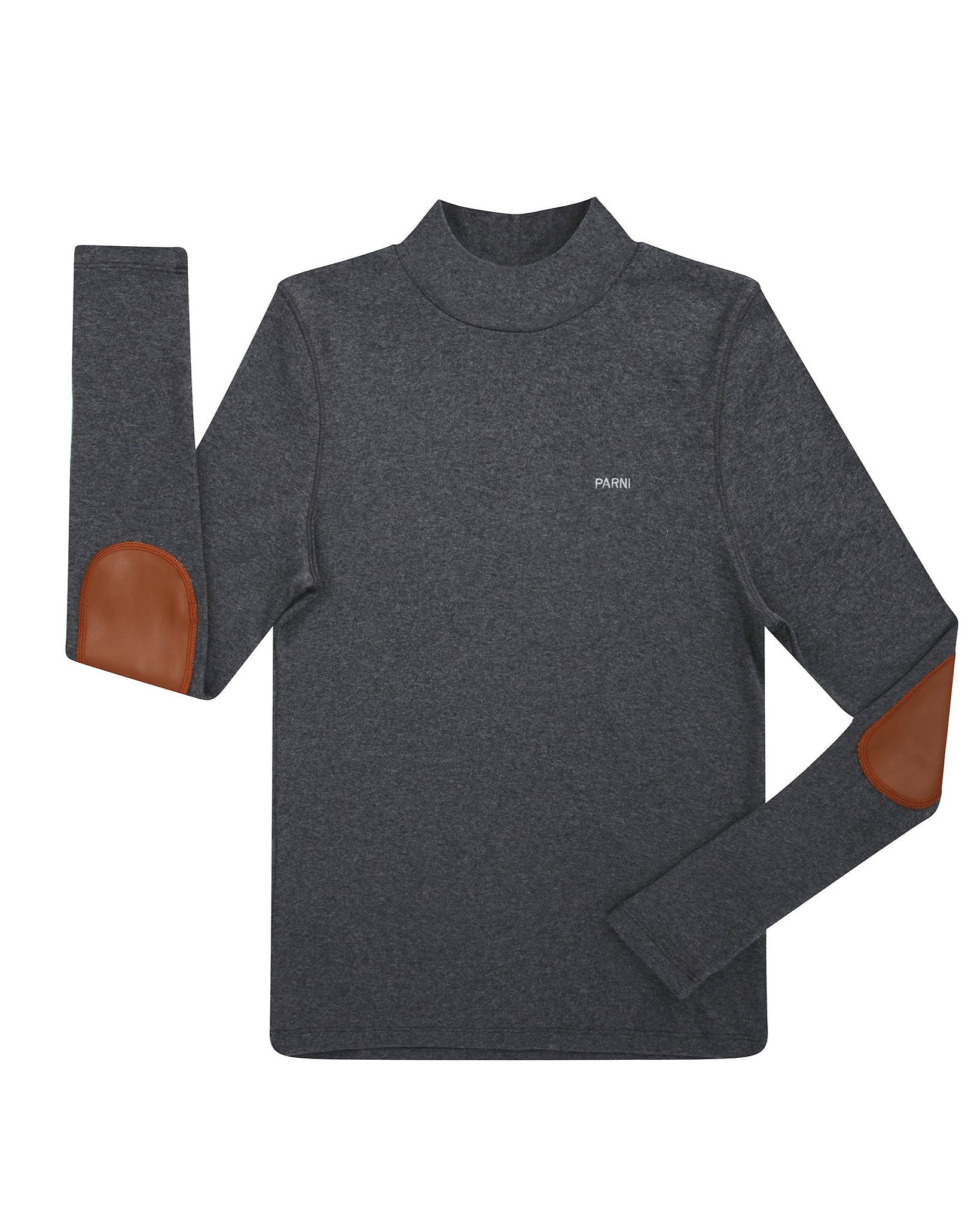 Gray long-sleeve shirt with brown elbow patches on a white background