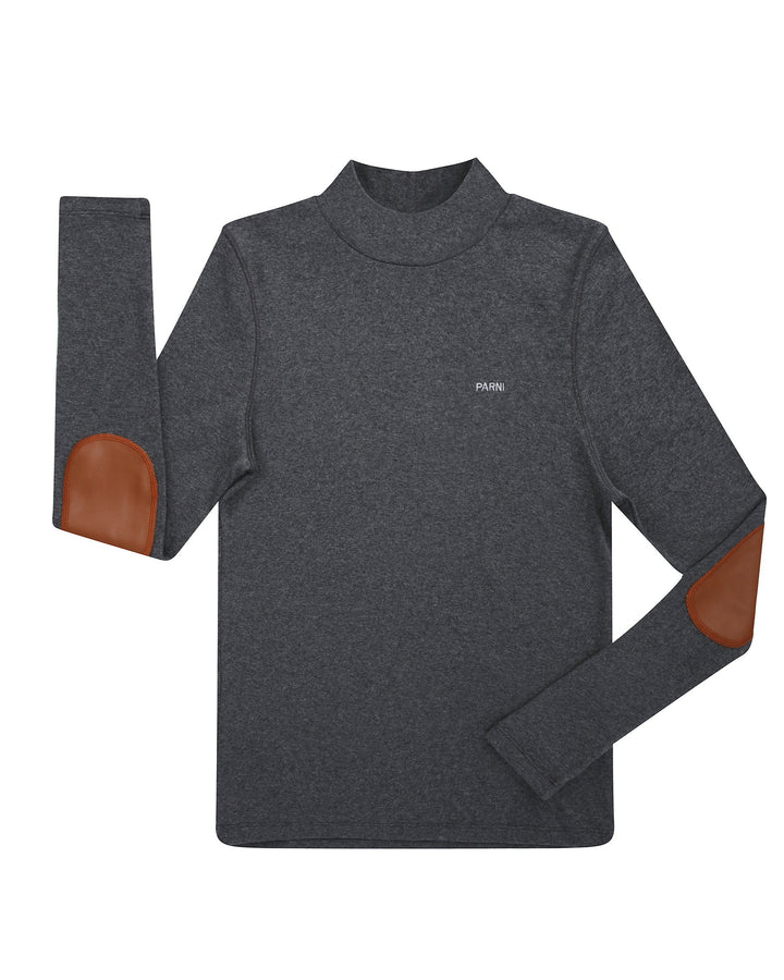 Gray long-sleeve shirt with brown elbow patches on a white background