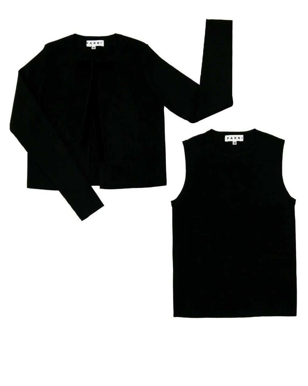 Black long-sleeve shirt and black tank top on a white background