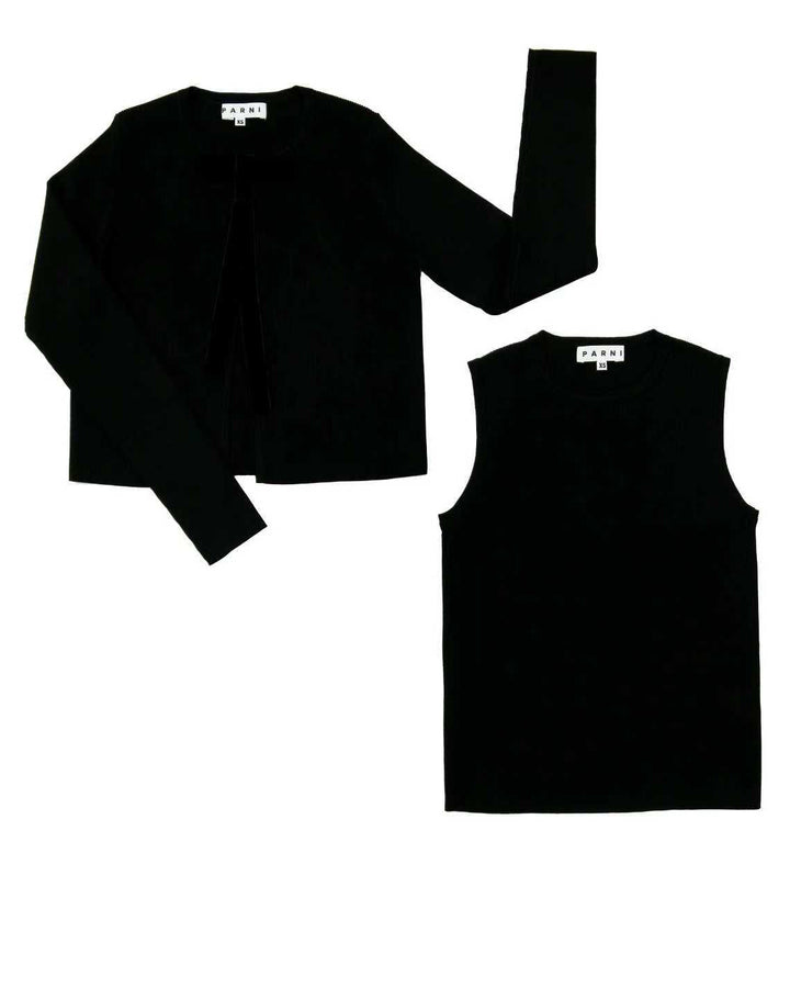 Black long-sleeve shirt and black tank top on a white background