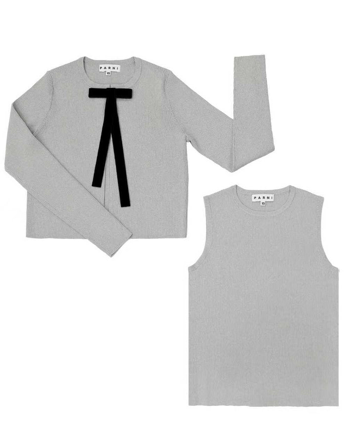 Gray long-sleeve top with black bow and gray tank top on a white background