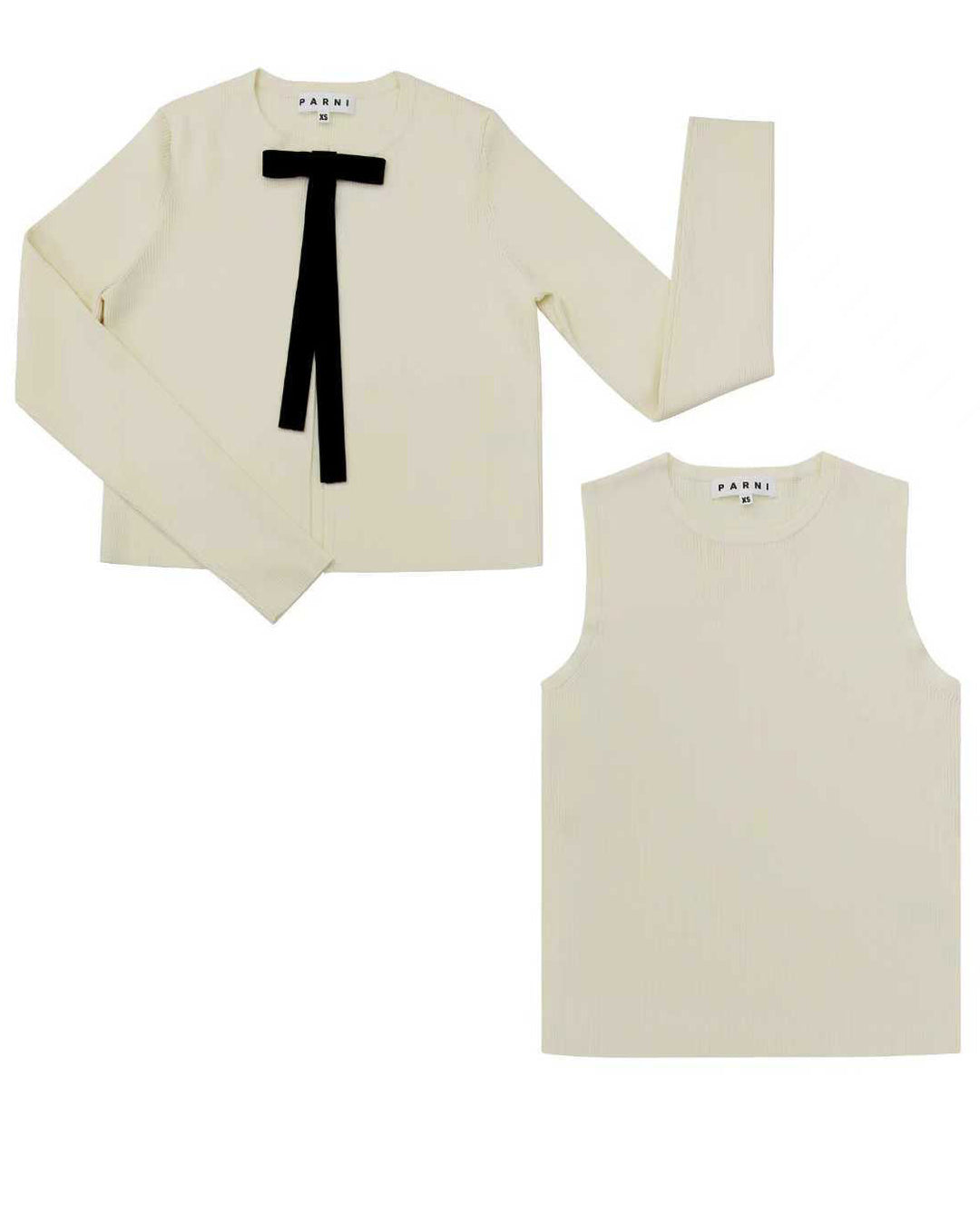 White long-sleeve top with black bow and white tank top on a white background