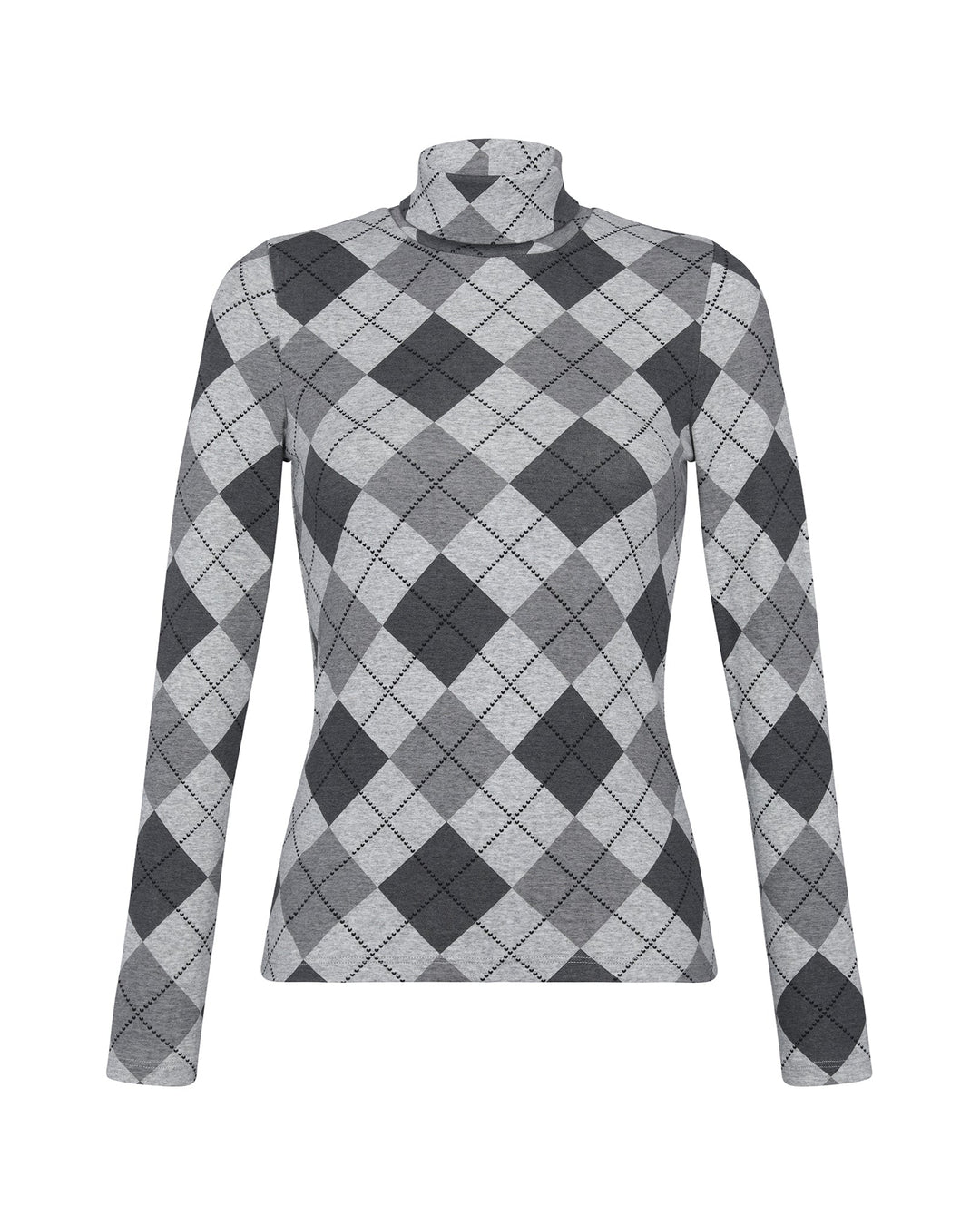 Gray and black argyle patterned long-sleeve shirt on a white background