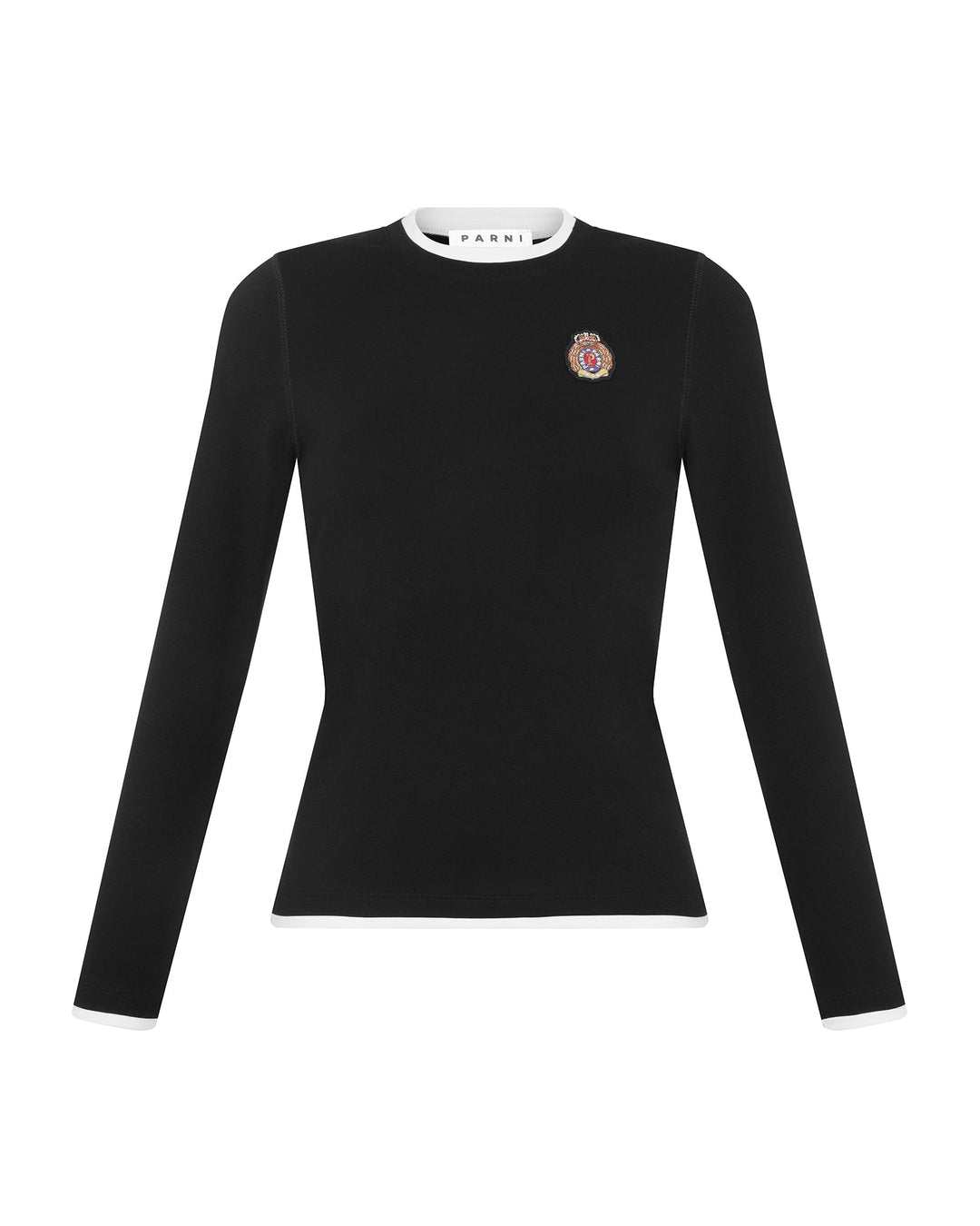 Black long-sleeve shirt with a logo on a white background