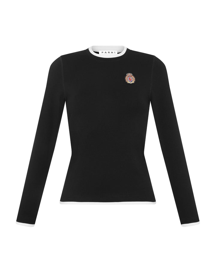 Black long-sleeve shirt with a logo on a white background