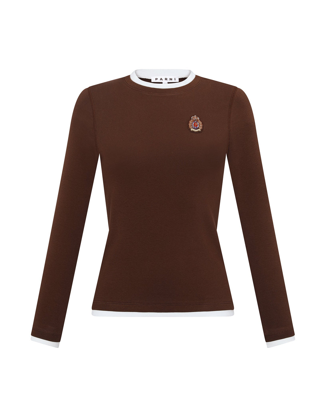 Brown long-sleeve top with a logo on a white background