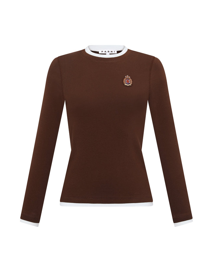 Brown long-sleeve top with a logo on a white background