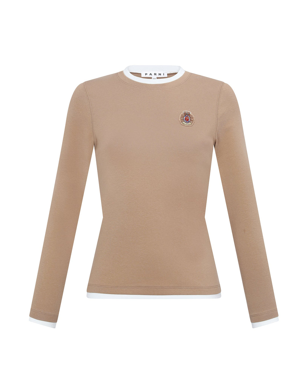 Beige long-sleeve shirt with a logo on a white background