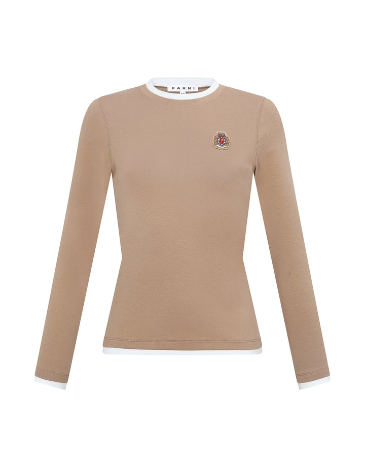 Beige long-sleeve shirt with a logo on a white background