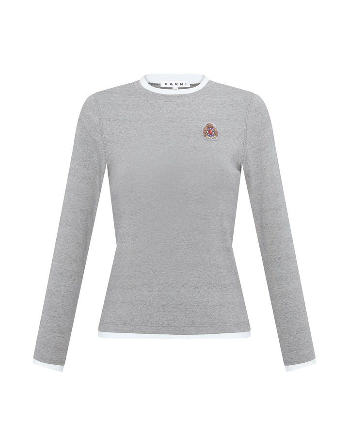Gray long-sleeve shirt with a small logo on a white background