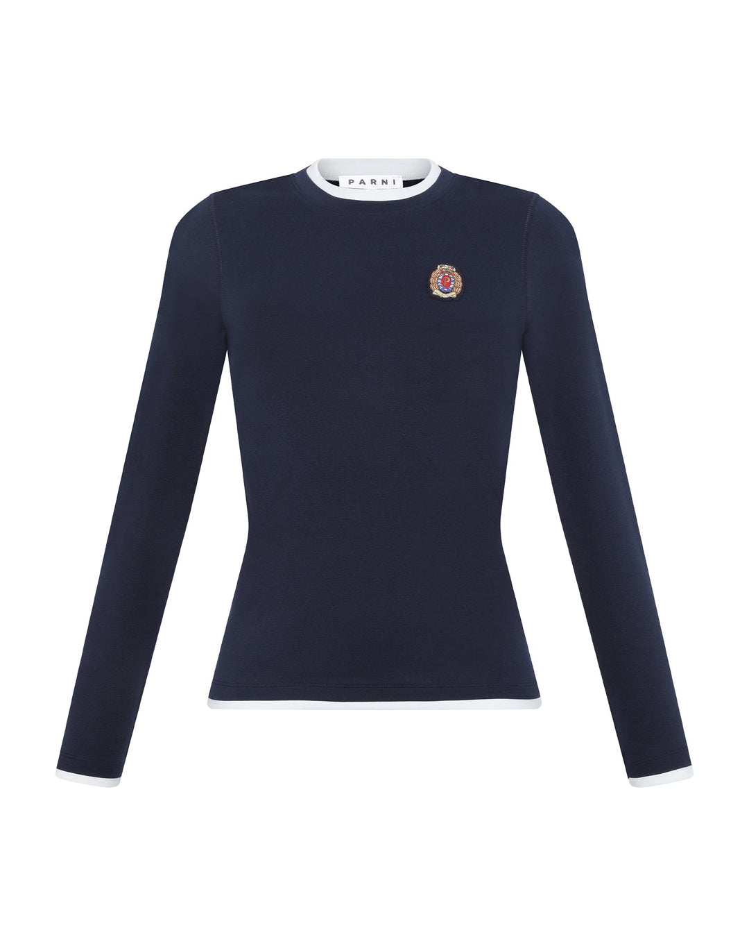 Navy long-sleeve shirt with a logo on a white background