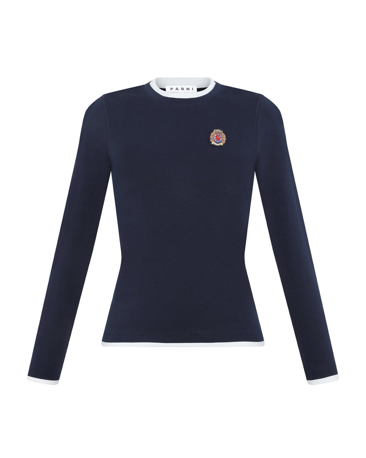 Navy long-sleeve shirt with a logo on a white background