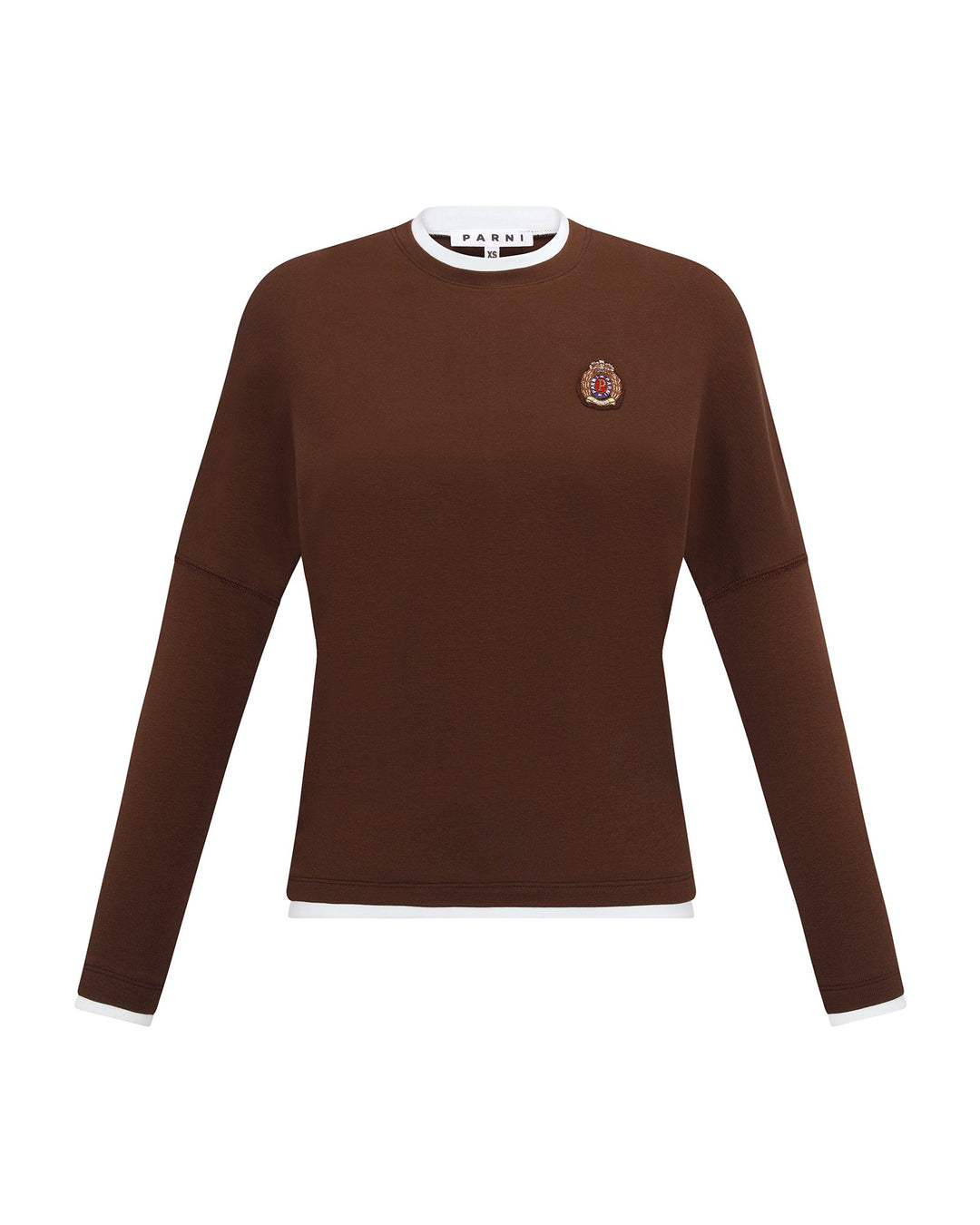 Brown Tshirt with a small emblem on a white background