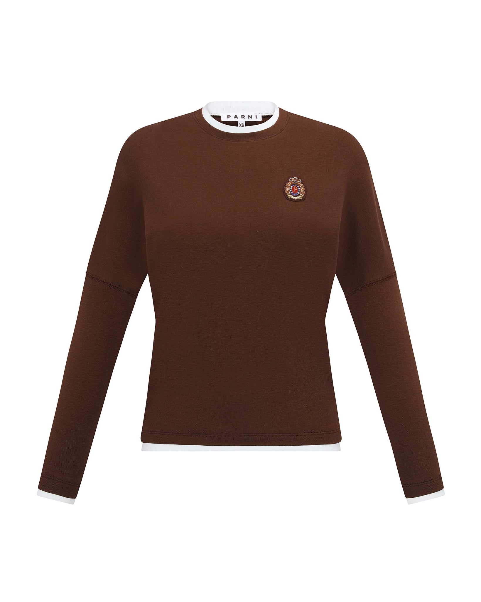 Brown Tshirt with a small emblem on a white background