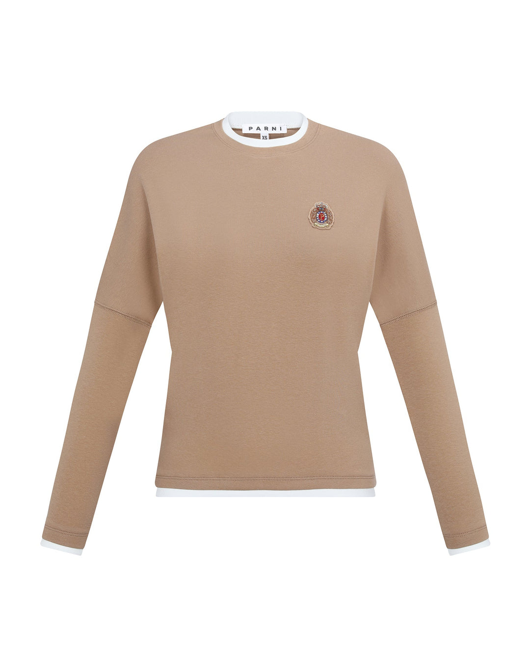 Beige long-sleeve shirt with a small logo on a white background