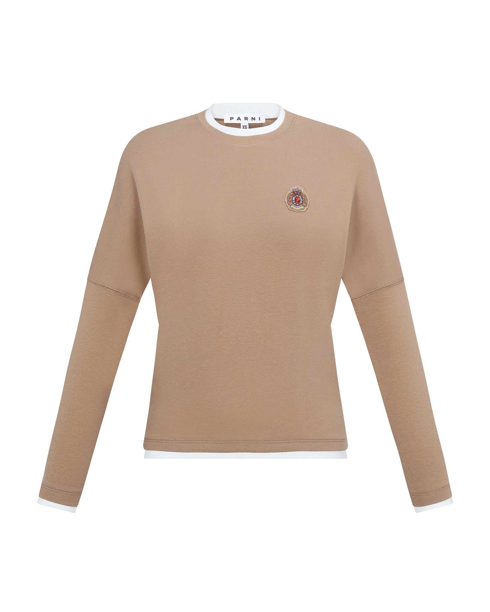 Beige long-sleeve shirt with a small logo on a white background