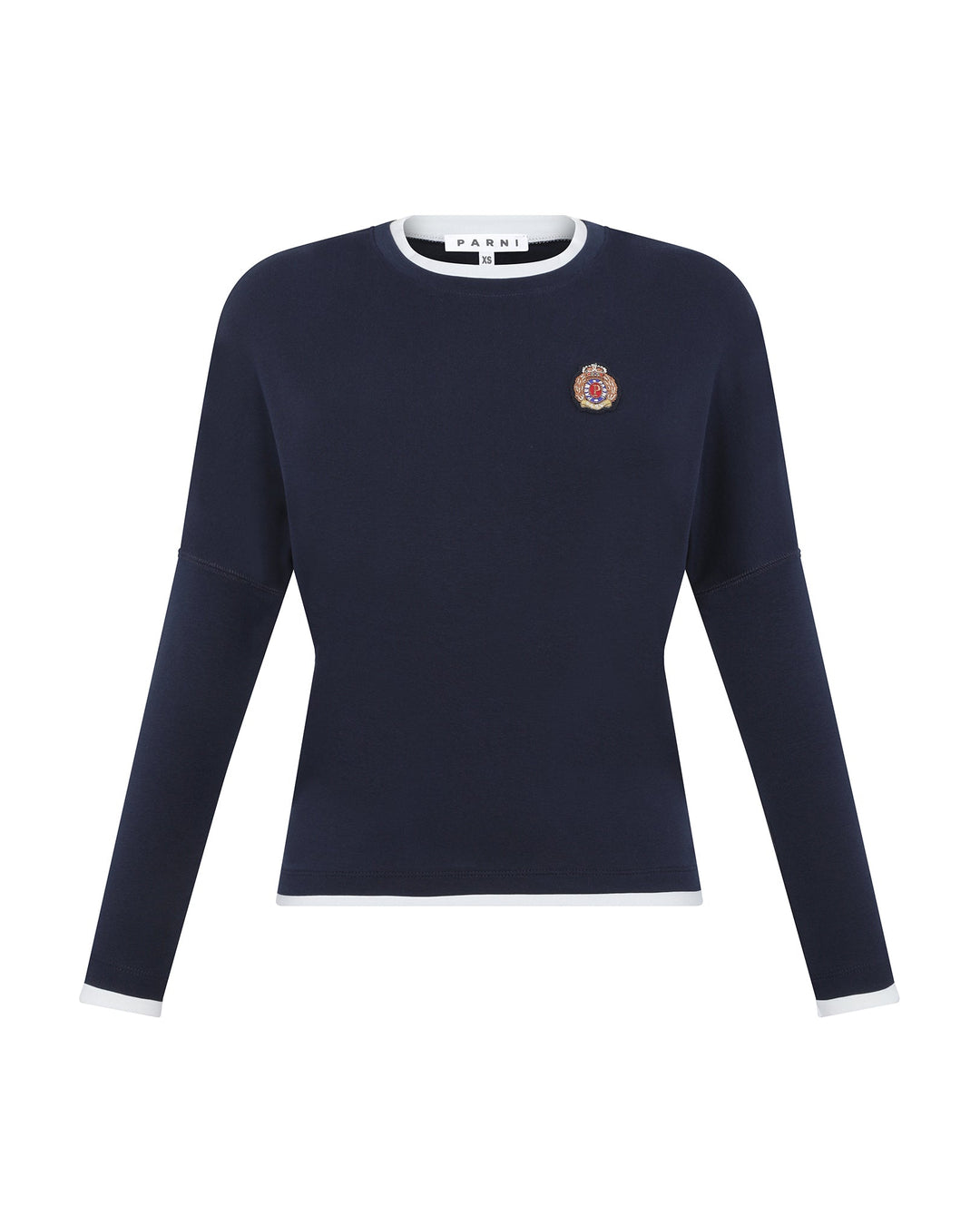 Navy blue sweater with a small emblem on a white background