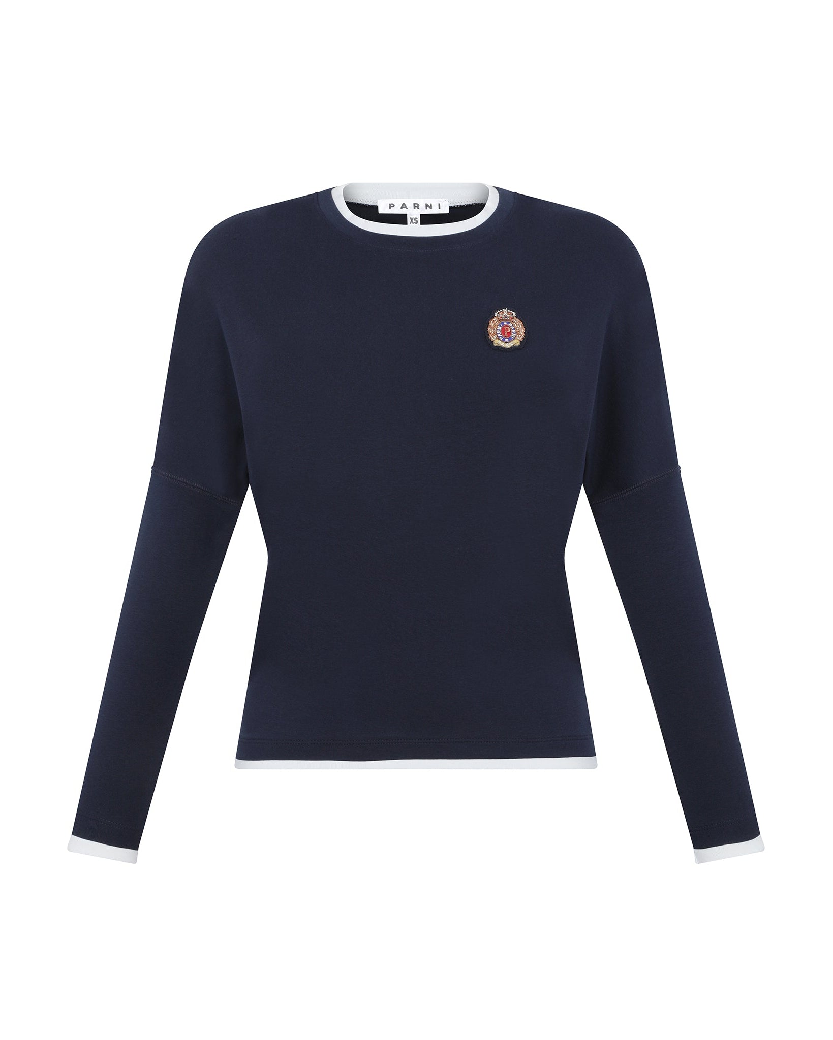 Navy blue sweater with a small emblem on a white background