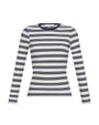 Navy and ivory T shirt on white background.