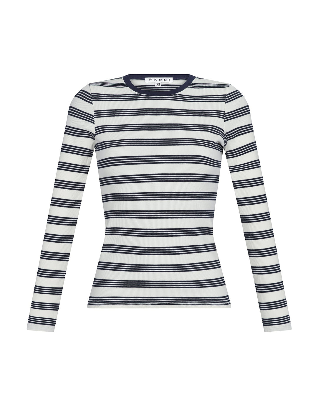 Navy and ivory T shirt on white background.