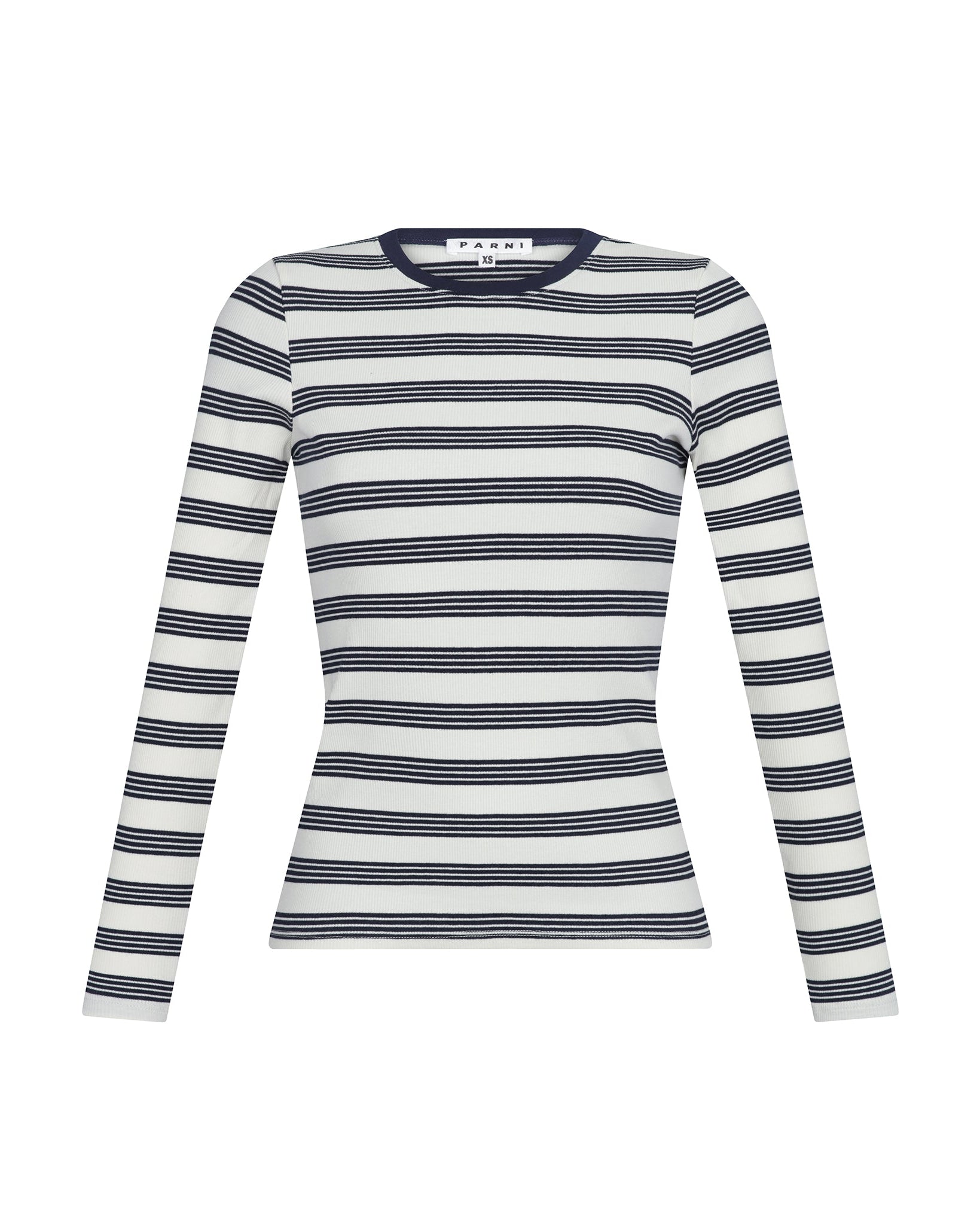 Navy and ivory T shirt on white background.