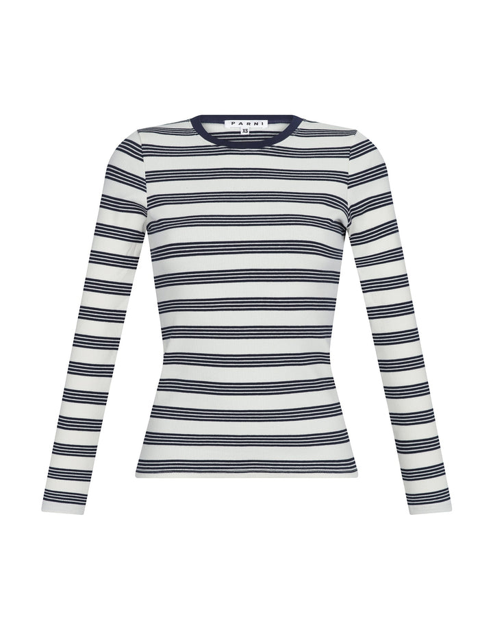 Navy and ivory T shirt on white background.