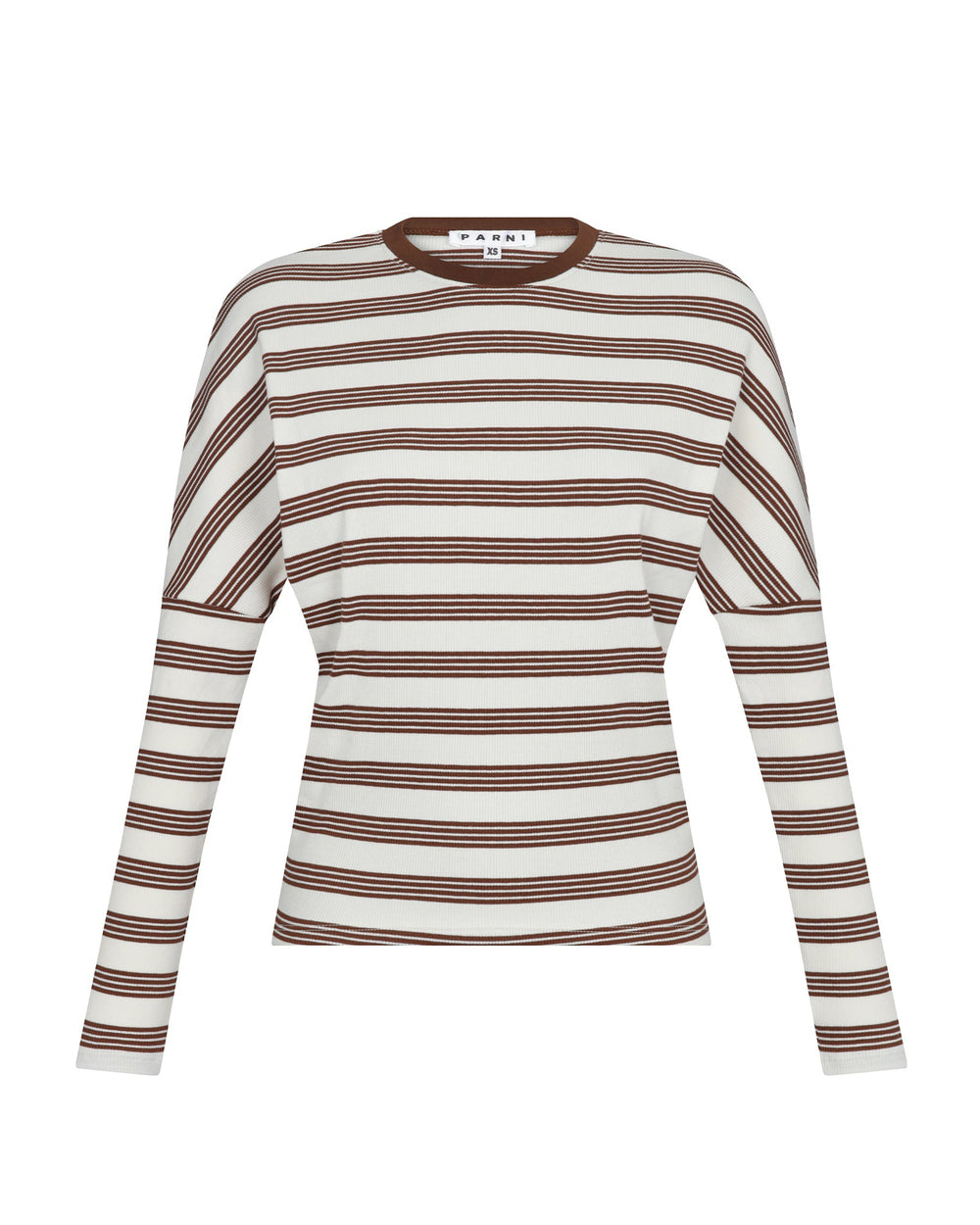 Brown and ivory dolman Tee on white background.