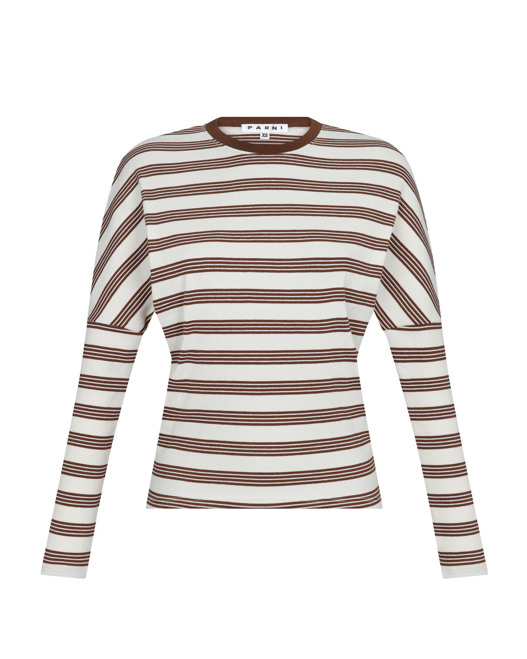 Brown and ivory dolman Tee on white background.