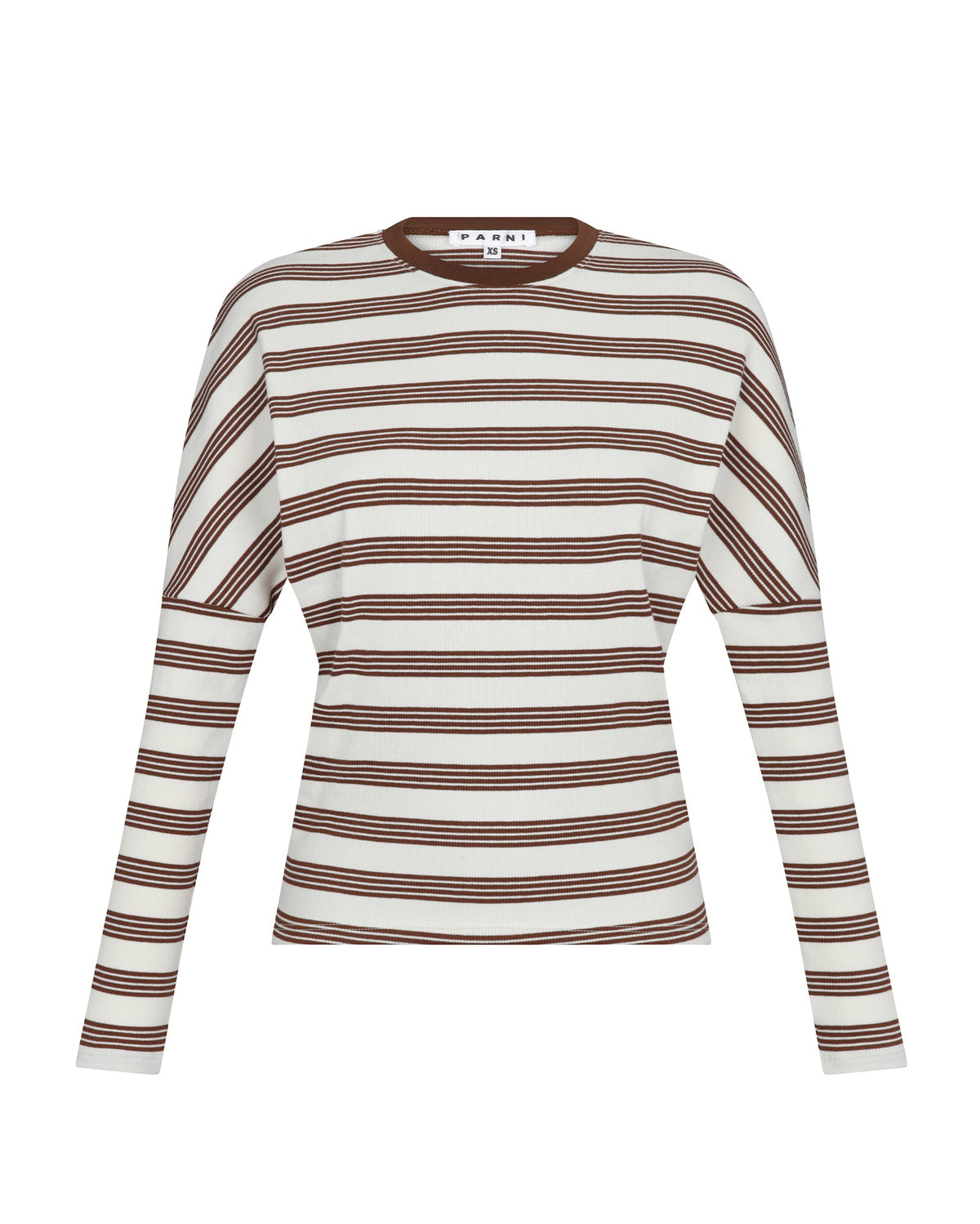 Brown and ivory dolman Tee on white background.