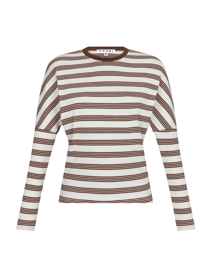 Brown and ivory dolman Tee on white background.