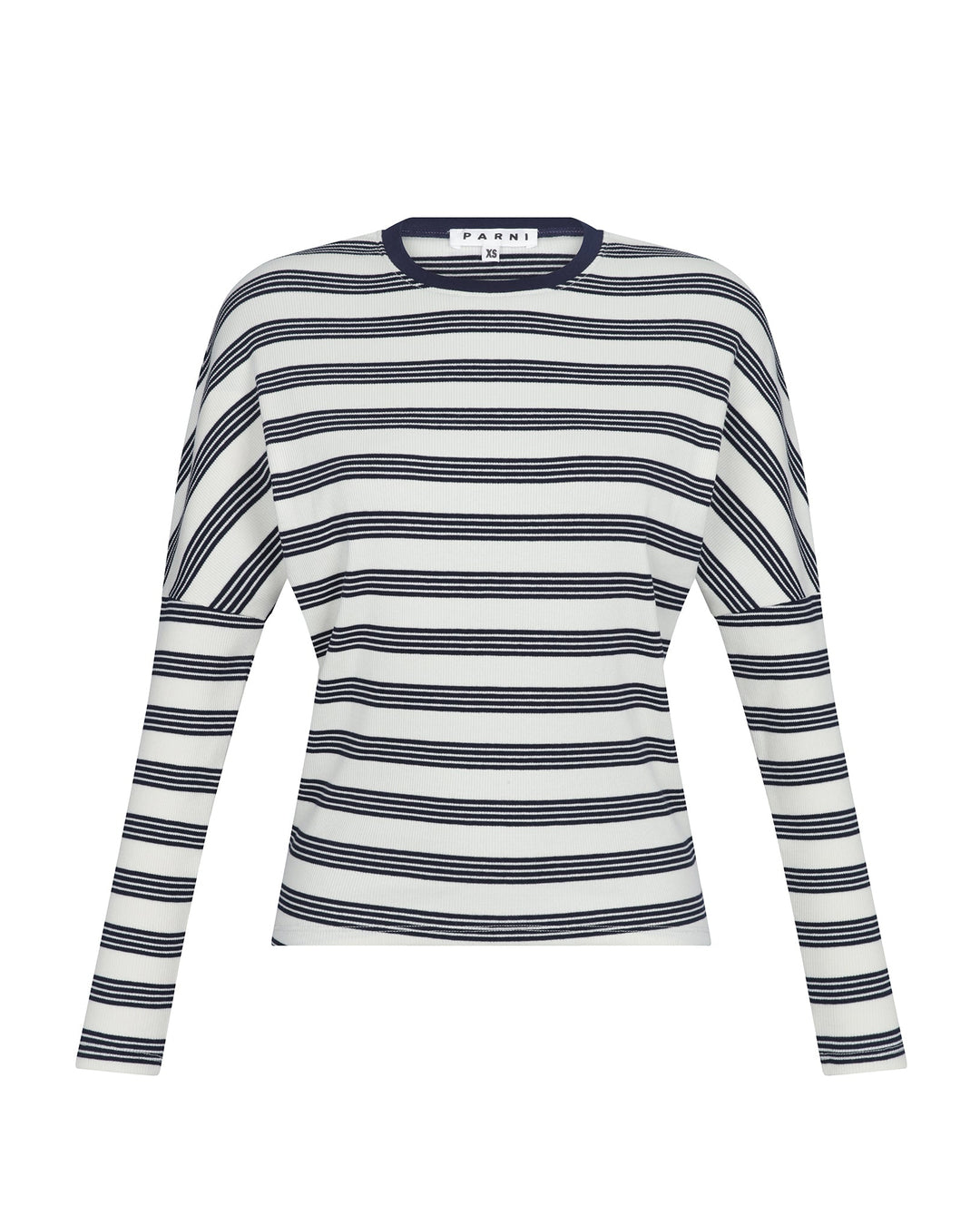 Navy and ivory dolman tee on white background.