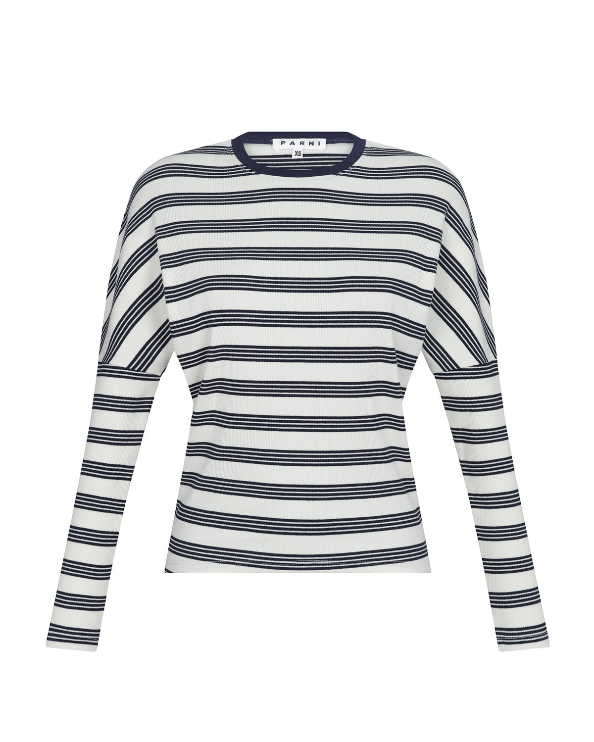 Navy and ivory dolman tee on white background.
