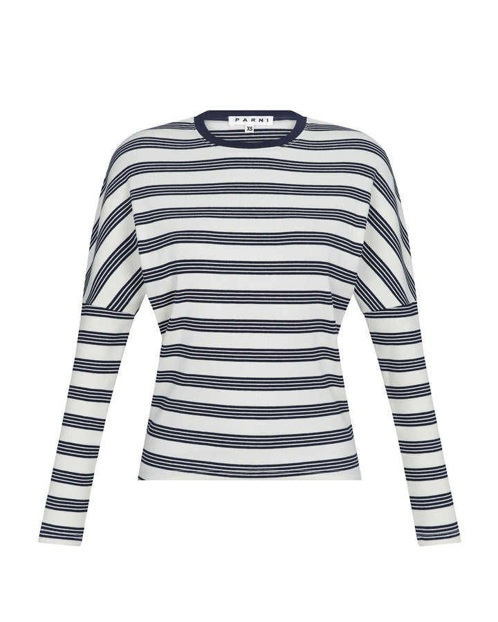Navy and ivory dolman tee on white background.
