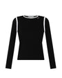 Black long-sleeve shirt with white trim on a white background