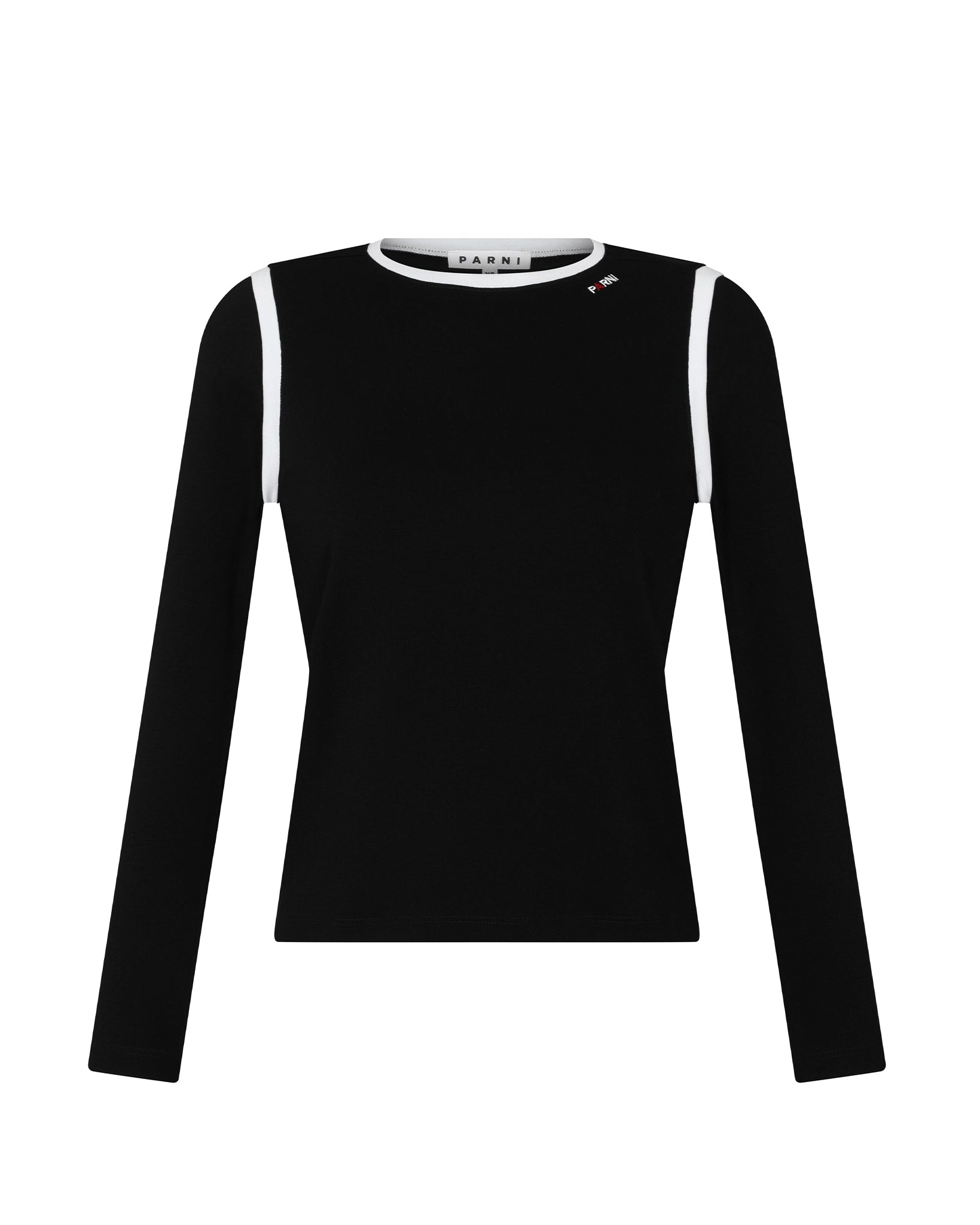 Black long-sleeve shirt with white trim on a white background