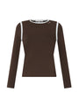 Brown long-sleeve top with white trim on a white background