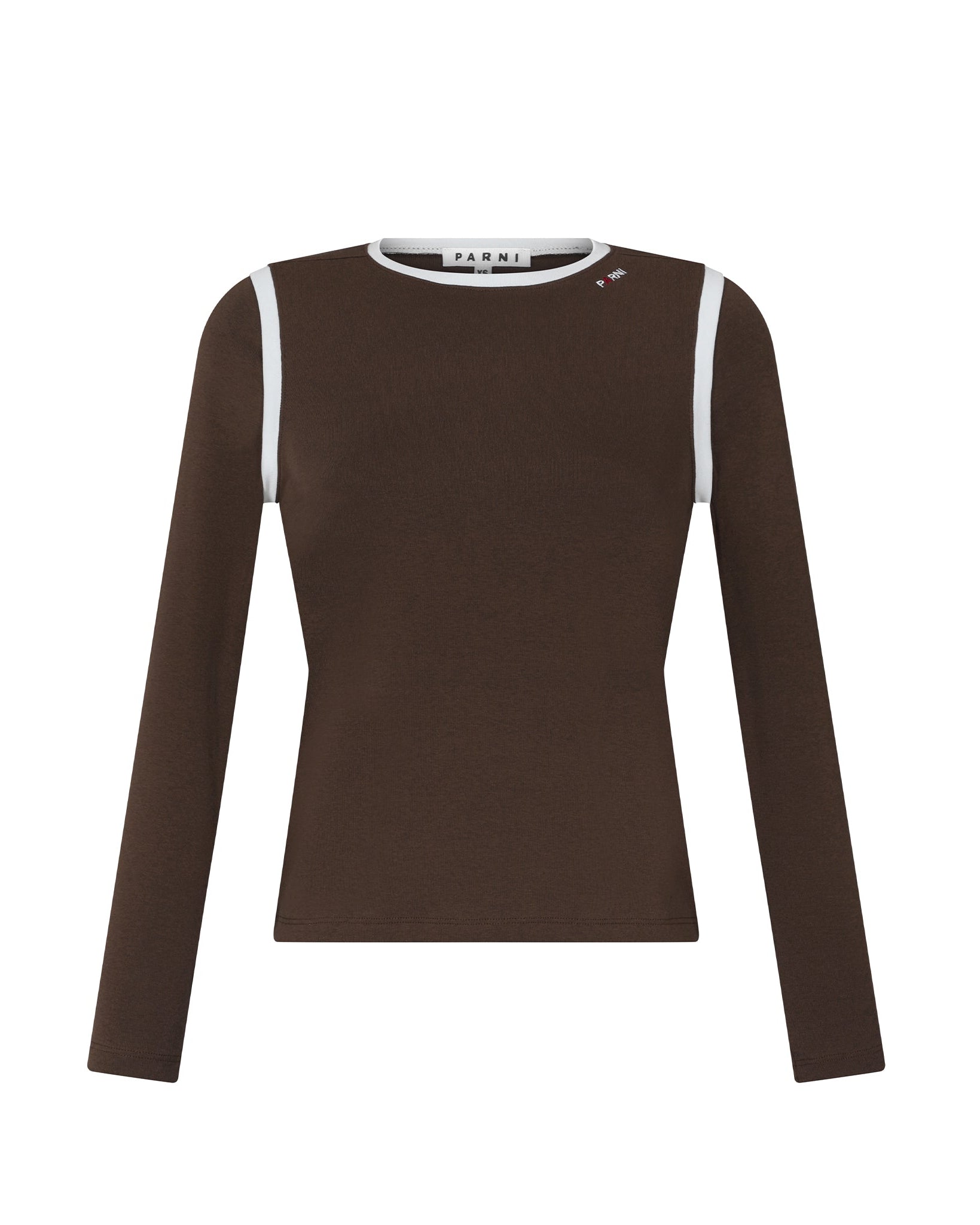 Brown long-sleeve top with white trim on a white background